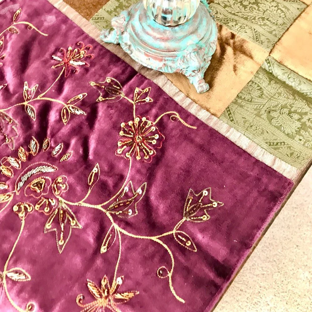 Z Gallerie Decorative Table Runner Velvet & Silk Patchwork w Beads 14
